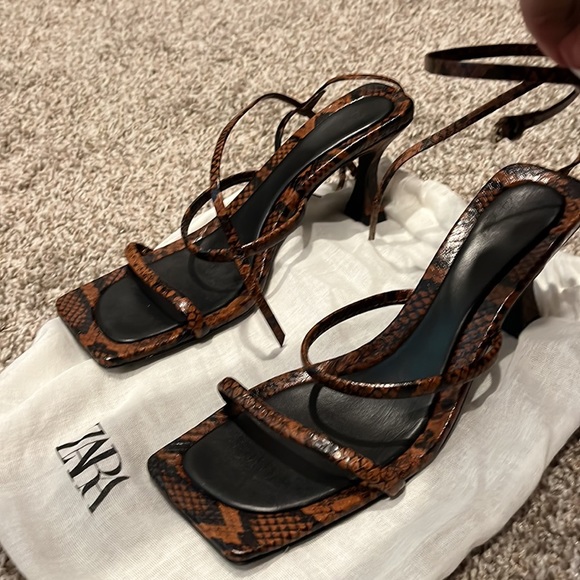 Zara leather python print heels. Strap at ankle. Brown. Worn once. - Picture 2 of 3
